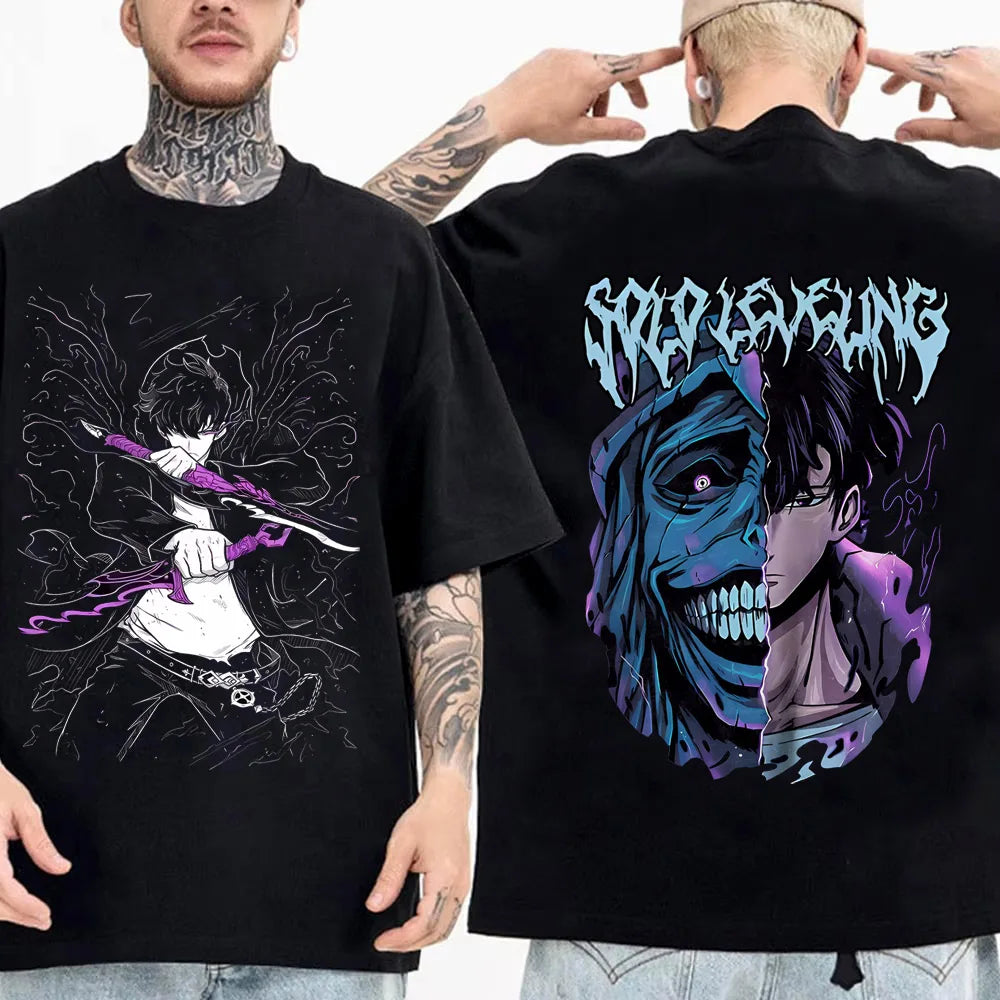 Solo Leveling: Sung Jinwoo & Statue Graphic T-Shirt | Harajuku Anime Streetwear
