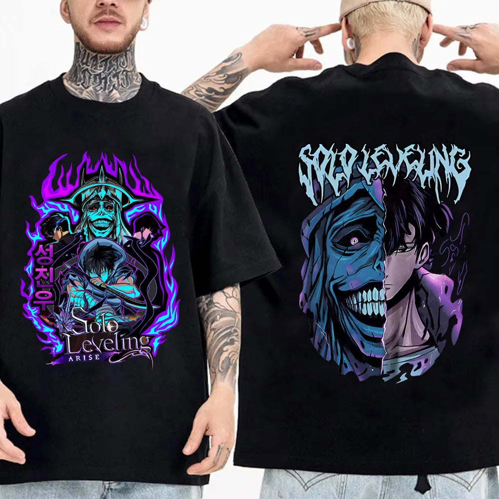 Solo Leveling: Sung Jinwoo & Statue Graphic T-Shirt | Harajuku Anime Streetwear