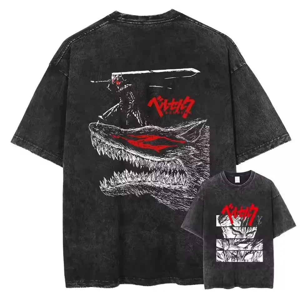 Berserk Vintage Washed Graphic Tee – Heavyweight Cotton Anime Streetwear Shirt