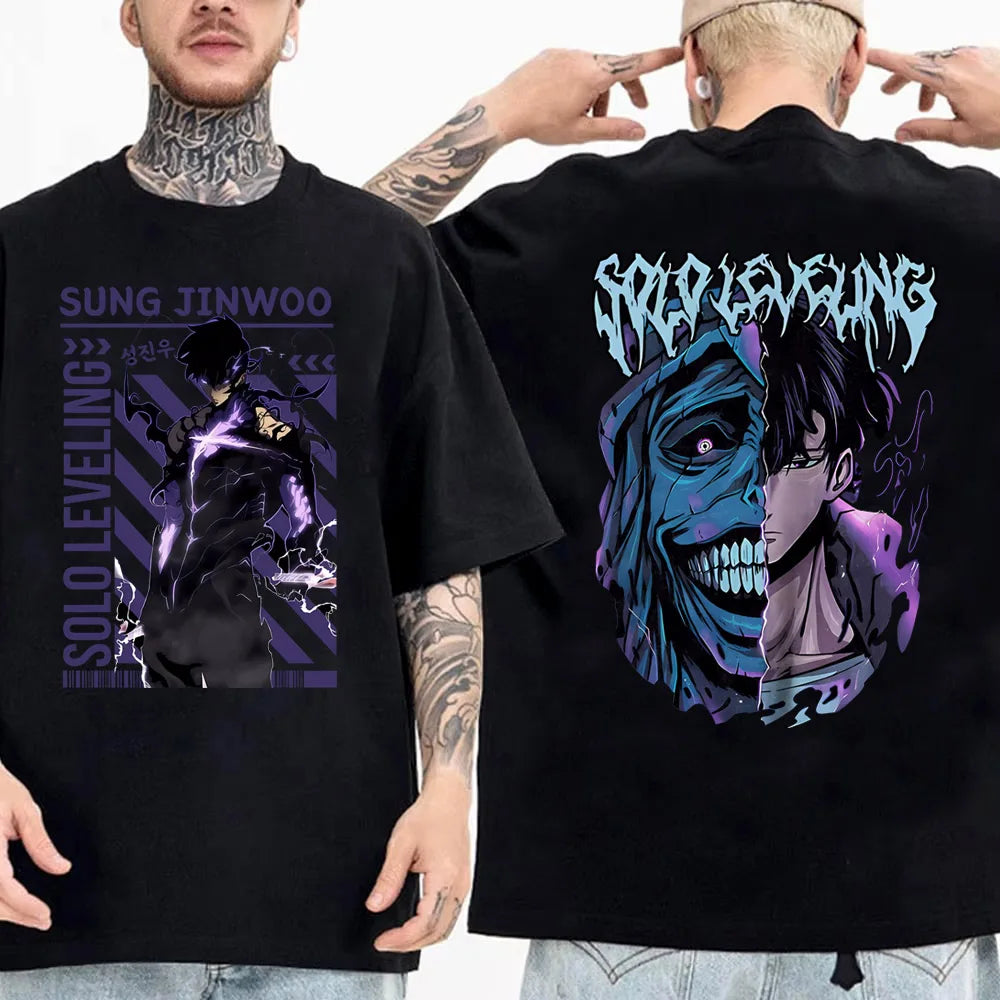 Solo Leveling: Sung Jinwoo & Statue Graphic T-Shirt | Harajuku Anime Streetwear